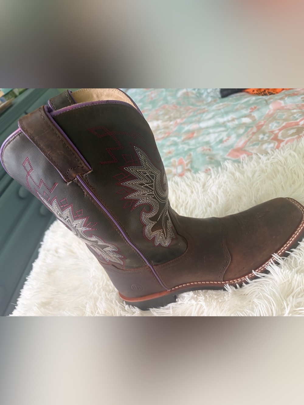 Double H Brown Leather Western Boots with Purple Stitch Accents